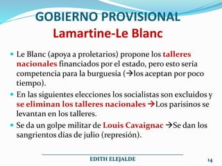  Le Blanc (apoya a proletarios) propone los talleres
nacionales financiados por el estado, pero esto sería
competencia para la burguesía (los aceptan por poco
tiempo).
 En las siguientes elecciones los socialistas son excluidos y
se eliminan los talleres nacionales Los parisinos se
levantan en los talleres.
 Se da un golpe militar de Louis Cavaignac Se dan los
sangrientos días de julio (represión).
GOBIERNO PROVISIONAL
Lamartine-Le Blanc
___________________________________________________
EDITH ELEJALDE 14
 