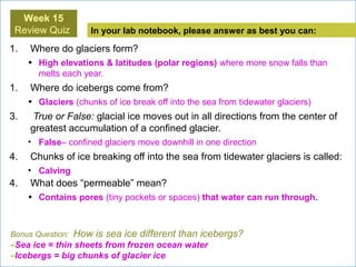 In your lab notebook, please answer as best you can:
1. Where do glaciers form? 
• High elevations & latitudes (polar regions) where more snow falls than 
melts each year.
1. Where do icebergs come from? 
• Glaciers (chunks of ice break off into the sea from tidewater glaciers)
3.  True or False: glacial ice moves out in all directions from the center of 
greatest accumulation of a confined glacier.
• False– confined glaciers move downhill in one direction 
4. Chunks of ice breaking off into the sea from tidewater glaciers is called:
• Calving
4. What does “permeable” mean? 
• Contains pores (tiny pockets or spaces) that water can run through.
Bonus Question: How is sea ice different than icebergs?
-Sea ice = thin sheets from frozen ocean water
-Icebergs = big chunks of glacier ice
Week 15
Review Quiz 
 