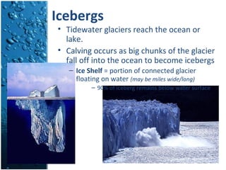 Icebergs
• Tidewater glaciers reach the ocean or
lake.
• Calving occurs as big chunks of the glacier
fall off into the ocean to become icebergs
– Ice Shelf = portion of connected glacier
floating on water (may be miles wide/long)
– 90% of iceberg remains below water surface
 