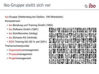 ibo-Gruppe stellt sich vor
ibo-Gruppe (Wettenberg bei Gießen, 106 Mitarbeiter)
Kompetenzen
• ibo Beratung und Training Gmb...