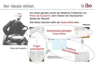 Der Ideale Athlet
Ins Leben gerufen wurde der Moderne Fünfkampf von
Pierre de Coubertin, dem Initiator der Olympischen
Spiele der Neuzeit.
Ziel dieser Sportart sollte der ideale Athlet sein.
Wikipedia
Pierre de Coubertin
Konzentrationsfähigkeit
Innere Ruhe
Finger-
spitzengefühl
 