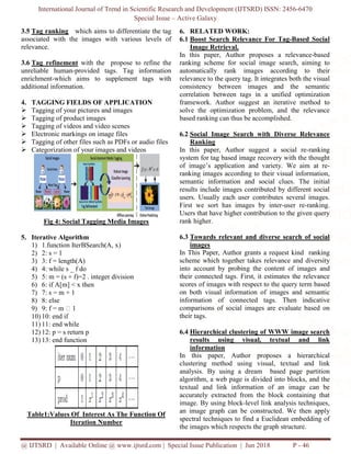 International Journal of Trend in Scientific Research and Development (IJTSRD) ISSN: 2456-6470
Special Issue – Active Galaxy
@ IJTSRD | Available Online @ www.ijtsrd.com | Special Issue Publication | Jun 2018 P - 46
3.5 Tag ranking which aims to differentiate the tag
associated with the images with various levels of
relevance.
3.6 Tag refinement with the propose to refine the
unreliable human-provided tags. Tag information
enrichment-which aims to supplement tags with
additional information.
4. TAGGING FIELDS OF APPLICATION
 Tagging of your pictures and images
 Tagging of product images
 Tagging of videos and video scenes
 Electronic markings on image files
 Tagging of other files such as PDFs or audio files
 Categorization of your images and videos
Fig 4: Social Tagging Media Images
5. Iterative Algorithm
1) 1.function IterBSearch(A, x)
2) 2: s = 1
3) 3: f = length(A)
4) 4: while s _ f do
5) 5: m = (s + f)=2 . integer division
6) 6: if A[m] < x then
7) 7: s = m + 1
8) 8: else
9) 9: f = m   1
10) 10: end if
11) 11: end while
12) 12: p = s return p
13) 13: end function
Table1:Values Of Interest As The Function Of
Iteration Number
6. RELATED WORK:
6.1 Boost Search Relevance For Tag-Based Social
Image Retrieval.
In this paper, Author proposes a relevance-based
ranking scheme for social image search, aiming to
automatically rank images according to their
relevance to the query tag. It integrates both the visual
consistency between images and the semantic
correlation between tags in a unified optimization
framework. Author suggest an iterative method to
solve the optimization problem, and the relevance
based ranking can thus be accomplished.
6.2 Social Image Search with Diverse Relevance
Ranking
In this paper, Author suggest a social re-ranking
system for tag based image recovery with the thought
of image’s application and variety. We aim at re-
ranking images according to their visual information,
semantic information and social clues. The initial
results include images contributed by different social
users. Usually each user contributes several images.
First we sort has images by inter-user re-ranking.
Users that have higher contribution to the given query
rank higher.
6.3 Towards relevant and diverse search of social
images
In This Paper, Author grants a request kind ranking
scheme which together takes relevance and diversity
into account by probing the content of images and
their connected tags. First, it estimates the relevance
scores of images with respect to the query term based
on both visual information of images and semantic
information of connected tags. Then indicative
comparisons of social images are evaluate based on
their tags.
6.4 Hierarchical clustering of WWW image search
results using visual, textual and link
information
In this paper, Author proposes a hierarchical
clustering method using visual, textual and link
analysis. By using a dream based page partition
algorithm, a web page is divided into blocks, and the
textual and link information of an image can be
accurately extracted from the block containing that
image. By using block-level link analysis techniques,
an image graph can be constructed. We then apply
spectral techniques to find a Euclidean embedding of
the images which respects the graph structure.
 