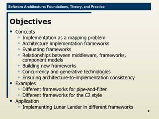 Objectives Concepts Implementation as a mapping problem Architecture implementation frameworks Evaluating frameworks Relationships between middleware, frameworks, component models Building new frameworks Concurrency and generative technologies Ensuring architecture-to-implementation consistency Examples Different frameworks for pipe-and-filter Different frameworks for the C2 style Application Implementing Lunar Lander in different frameworks 