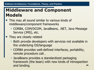 Middleware and Component Models This may all sound similar to various kinds of middleware/component frameworks CORBA, COM/DCOM, JavaBeans, .NET, Java Message Service (JMS), etc. They are closely related Both provide developers with services not available in the underlying OS/language CORBA provides well-defined interfaces, portability, remote procedure call… JavaBeans provides a standardized packaging framework (the bean) with new kinds of introspection and binding 