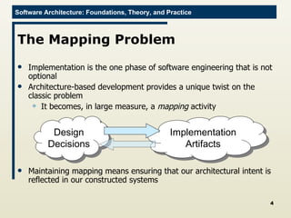 The Mapping Problem Implementation is the one phase of software engineering that is not optional Architecture-based development provides a unique twist on the classic problem It becomes, in large measure, a  mapping  activity Maintaining mapping means ensuring that our architectural intent is reflected in our constructed systems Design Decisions Implementation Artifacts 