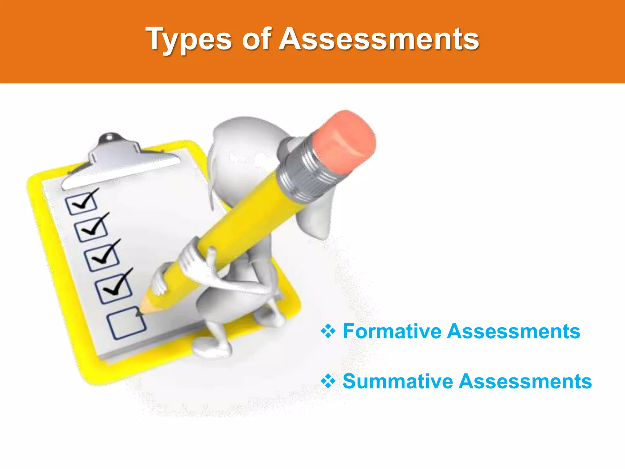 Types of Assessments
 Formative Assessments
 Summative Assessments
 