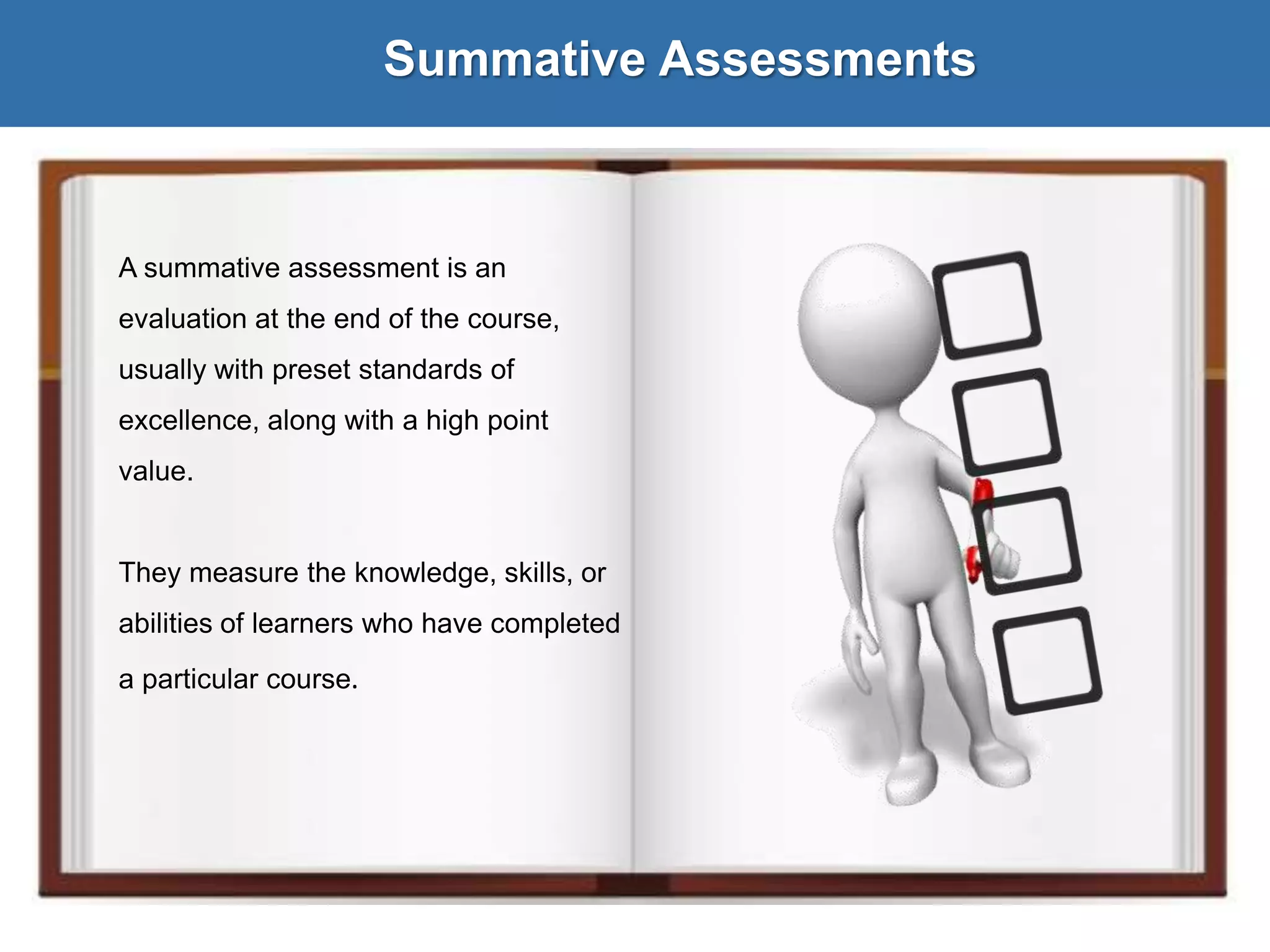 Summative Assessments
A summative assessment is an
evaluation at the end of the course,
usually with preset standards of
excellence, along with a high point
value.
They measure the knowledge, skills, or
abilities of learners who have completed
a particular course.
 