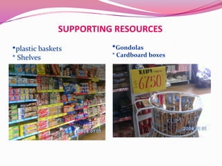 SUPPORTING RESOURCES
*plastic baskets        *Gondolas
* Shelves               * Cardboard boxes
 