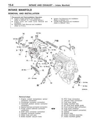 INTAKE AND EXHAUST – Intake Manifold15-4
INTAKE MANIFOLD
REMOVAL AND INSTALLATION
Pre-removal and Post-installation Operation
D Engine Coolant Draining and Supplying
(Refer to GROUP 14 – On-vehicle Service.)
D Engine Cover and Under Cover Removal and
Installation
D Resonance Tank Removal and Installation
(Refer to P.15-3.)
D Ignition Coil Removal and Installation
(Refer to GROUP 16.)
D Throttle Body Removal and Installation
(Refer to GROUP 13A.)
1
2
3
4
5
27 – 34 Nm
24 Nm
20 Nm
13
6
15
20
7
12
8
18
10
14
34 Nm
9 Nm
9
34 Nm
16
17
11
28 Nm
19 Nm
11
10 – 12 Nm
19
21
10 – 12 Nm
10 – 12 Nm
10 – 12 Nm
Removal steps
1. Engine coolant temperature sensor
connector connection
2. Condenser connector connection
3. Camshaft position sensor connector
connection
4. Injector harness connector connection
5. Purge control solenoid connector
connection
6. EGR valve connector connection
7. Harness connector bracket
8. Water hose and pipe
9. Brake booster vacuum hose
10. PCV hose connection
11. Vacuum hose connection
12. Fuel hose clamp
13. Intake manifold stay
14. A/T fluid level gauge guide
15. Front exhaust pipe connection
AA" 16. Fuel pump protector
17. EGR valve support connection
18. Gasket
19. Branch tube
20. Intake manifold assembly
21. Intake manifold gasket
 