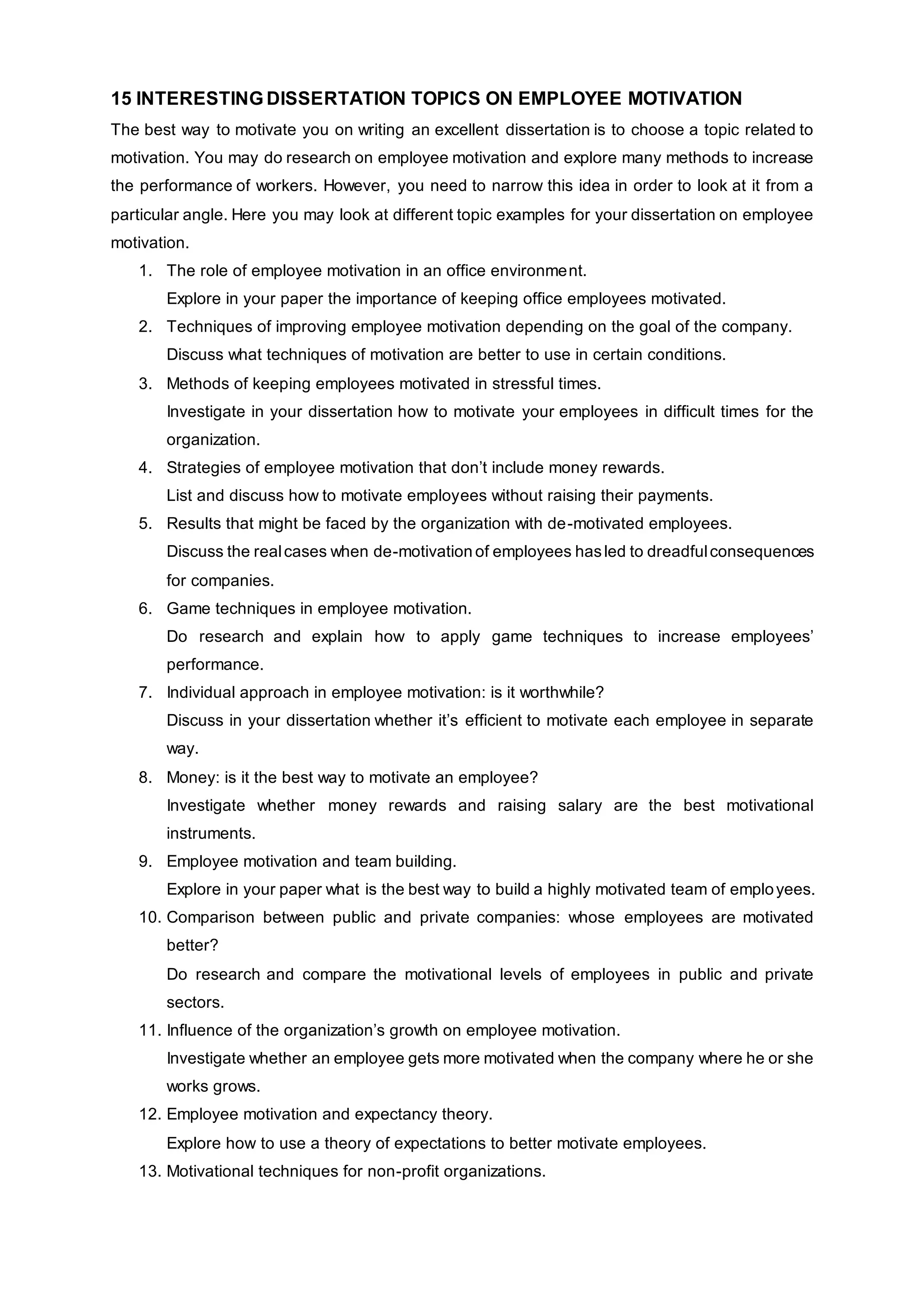 15 interesting dissertation topics on employee motivation | DOCX