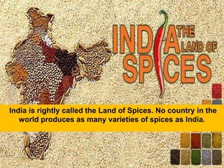 India is rightly called the Land of Spices. No country in the
world produces as many varieties of spices as India.
 