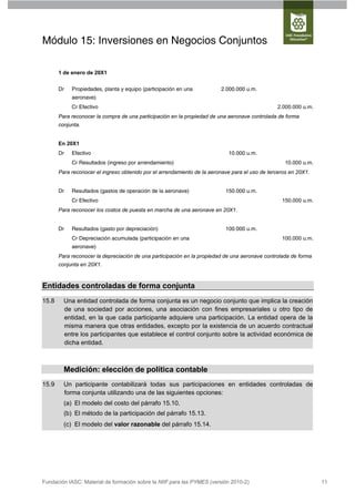 Módulo 15: Inversiones en Negocios Conjuntos

       1 de enero de 20X1


       Dr   Propiedades, planta y equipo (participación en una           2.000.000 u.m.
            aeronave)
            Cr Efectivo                                                                         2.000.000 u.m.
       Para reconocer la compra de una participación en la propiedad de una aeronave controlada de forma
       conjunta.


       En 20X1
       Dr   Efectivo                                                        10.000 u.m.
            Cr Resultados (ingreso por arrendamiento)                                              10.000 u.m.
       Para reconocer el ingreso obtenido por el arrendamiento de la aeronave para el uso de terceros en 20X1.


       Dr   Resultados (gastos de operación de la aeronave)                150.000 u.m.
            Cr Efectivo                                                                           150.000 u.m.
       Para reconocer los costos de puesta en marcha de una aeronave en 20X1.


       Dr   Resultados (gasto por depreciación)                            100.000 u.m.
            Cr Depreciación acumulada (participación en una                                       100.000 u.m.
            aeronave)
       Para reconocer la depreciación de una participación en la propiedad de una aeronave controlada de forma
       conjunta en 20X1.



Entidades controladas de forma conjunta
15.8     Una entidad controlada de forma conjunta es un negocio conjunto que implica la creación
         de una sociedad por acciones, una asociación con fines empresariales u otro tipo de
         entidad, en la que cada participante adquiere una participación. La entidad opera de la
         misma manera que otras entidades, excepto por la existencia de un acuerdo contractual
         entre los participantes que establece el control conjunto sobre la actividad económica de
         dicha entidad.



         Medición: elección de política contable
15.9     Un participante contabilizará todas sus participaciones en entidades controladas de
         forma conjunta utilizando una de las siguientes opciones:
         (a) El modelo del costo del párrafo 15.10.
         (b) El método de la participación del párrafo 15.13.
         (c) El modelo del valor razonable del párrafo 15.14.




Fundación IASC: Material de formación sobre la NIIF para las PYMES (versión 2010-2)                              11
 