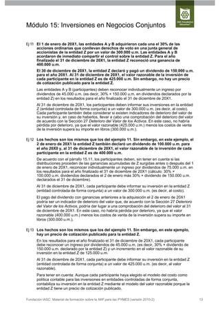 Módulo 15: Inversiones en Negocios Conjuntos

Ej 11 El 1 de enero de 20X1, las entidades A y B adquirieron cada una el 30% de las
      acciones ordinarias que conllevan derechos de voto en una junta general de
      accionistas de la entidad Z por un valor de 300.000 u.m. Las entidades A y B
      acordaron de inmediato compartir el control sobre la entidad Z. Para el año
      finalizado el 31 de diciembre de 20X1, la entidad Z reconoció una ganancia de
      400.000 u.m.
      El 30 de diciembre de 20X1, la entidad Z declaró y pagó un dividendo de 150.000 u.m.
      para el año 20X1. Al 31 de diciembre de 20X1, el valor razonable de la inversión de
      cada participante en la entidad Z es de 425.000 u.m. Sin embargo, no hay un precio
      de cotización publicado para la entidad Z.
      Las entidades A y B (participantes) deben reconocer individualmente un ingreso por
      dividendos de 45.000 u.m. (es decir, 30% × 150.000 u.m. en dividendos declarados por la
      entidad Z) en los resultados para el año finalizado el 31 de diciembre de 20X1.
      Al 31 de diciembre de 20X1, los participantes deben informar sus inversiones en la entidad
      Z (entidad controlada de forma conjunta) a un valor de 300.000 u.m. (es decir, al costo).
      Cada participante también debe considerar si existen indicadores de deterioro del valor de
      su inversión y, en caso de haberlos, llevar a cabo una comprobación del deterioro del valor
      de acuerdo con la Sección 27 Deterioro del Valor de los Activos. En este caso, no habría
      pérdida por deterioro, ya que el valor razonable (425.000 u.m.) menos los costos de venta
      de la inversión supera su importe en libros (300.000 u.m.).

Ej 12 Los hechos son los mismos que los del ejemplo 11. Sin embargo, en este ejemplo, el
      2 de enero de 20X1 la entidad Z también declaró un dividendo de 100.000 u.m. para
      el año 20X0 y, al 31 de diciembre de 20X1, el valor razonable de la inversión de cada
      participante en la entidad Z es de 400.000 u.m.
      De acuerdo con el párrafo 15.11, los participantes deben, sin tener en cuenta si las
      distribuciones proceden de las ganancias acumuladas de Z surgidas antes o después del 1
      de enero de 20X1, reconocer individualmente un ingreso por dividendos de 75.000 u.m. en
      los resultados para el año finalizado el 31 de diciembre de 20X1 (cálculo: 30% ×
      100.000 u.m. dividendos declarados el 2 de enero más 30% × dividendo de 150.000 u.m.
      declarados el 31 de diciembre).
      Al 31 de diciembre de 20X1, cada participante debe informar su inversión en la entidad Z
      (entidad controlada de forma conjunta) a un valor de 300.000 u.m. (es decir, al costo).
      El pago del dividendo con ganancias anteriores a la adquisición el 2 de enero de 20X1
      podría ser un indicador de deterioro del valor que, de acuerdo con la Sección 27 Deterioro
      del Valor de los Activos, podría dar lugar a una comprobación del deterioro del valor al 31
      de diciembre de 20X1. En este caso, no habría pérdida por deterioro, ya que el valor
      razonable (400.000 u.m.) menos los costos de venta de la inversión supera su importe en
      libros (300.000 u.m.).

Ej 13 Los hechos son los mismos que los del ejemplo 11. Sin embargo, en este ejemplo,
      hay un precio de cotización publicado para la entidad Z.
      En los resultados para el año finalizado el 31 de diciembre de 20X1, cada participante
      debe reconocer un ingreso por dividendos de 45.000 u.m. (es decir, 30% × dividendo de
      150.000 u.m. declarado por la entidad Z) y un incremento en el valor razonable de su
      inversión en la entidad Z de 125.000 u.m.
      Al 31 de diciembre de 20X1, cada participante debe informar su inversión en la entidad Z
      (entidad controlada de forma conjunta) a un valor de 425.000 u.m. (es decir, al valor
      razonable).
      Para tener en cuenta: Aunque cada participante haya elegido el modelo del costo como
      política contable para las inversiones en entidades controladas de forma conjunta,
      contabiliza su inversión en la entidad Z mediante el modelo del valor razonable porque la
      entidad Z tiene un precio de cotización publicado.

Fundación IASC: Material de formación sobre la NIIF para las PYMES (versión 2010-2)                 13
 