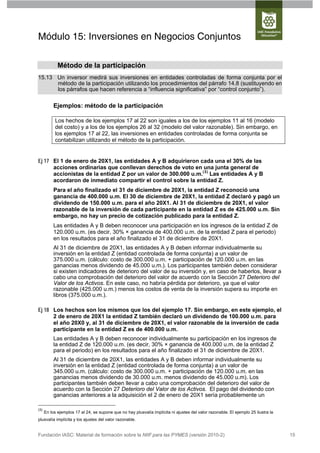 Módulo 15: Inversiones en Negocios Conjuntos

             Método de la participación
15.13 Un inversor medirá sus inversiones en entidades controladas de forma conjunta por el
      método de la participación utilizando los procedimientos del párrafo 14.8 (sustituyendo en
      los párrafos que hacen referencia a “influencia significativa” por “control conjunto”).

           Ejemplos: método de la participación

            Los hechos de los ejemplos 17 al 22 son iguales a los de los ejemplos 11 al 16 (modelo
            del costo) y a los de los ejemplos 26 al 32 (modelo del valor razonable). Sin embargo, en
            los ejemplos 17 al 22, las inversiones en entidades controladas de forma conjunta se
            contabilizan utilizando el método de la participación.


Ej 17 El 1 de enero de 20X1, las entidades A y B adquirieron cada una el 30% de las
      acciones ordinarias que conllevan derechos de voto en una junta general de
      accionistas de la entidad Z por un valor de 300.000 u.m.(3) Las entidades A y B
      acordaron de inmediato compartir el control sobre la entidad Z.
           Para el año finalizado el 31 de diciembre de 20X1, la entidad Z reconoció una
           ganancia de 400.000 u.m. El 30 de diciembre de 20X1, la entidad Z declaró y pagó un
           dividendo de 150.000 u.m. para el año 20X1. Al 31 de diciembre de 20X1, el valor
           razonable de la inversión de cada participante en la entidad Z es de 425.000 u.m. Sin
           embargo, no hay un precio de cotización publicado para la entidad Z.
           Las entidades A y B deben reconocer una participación en los ingresos de la entidad Z de
           120.000 u.m. (es decir, 30% × ganancia de 400.000 u.m. de la entidad Z para el periodo)
           en los resultados para el año finalizado el 31 de diciembre de 20X1.
           Al 31 de diciembre de 20X1, las entidades A y B deben informar individualmente su
           inversión en la entidad Z (entidad controlada de forma conjunta) a un valor de
           375.000 u.m. (cálculo: costo de 300.000 u.m. + participación de 120.000 u.m. en las
           ganancias menos dividendo de 45.000 u.m.). Los participantes también deben considerar
           si existen indicadores de deterioro del valor de su inversión y, en caso de haberlos, llevar a
           cabo una comprobación del deterioro del valor de acuerdo con la Sección 27 Deterioro del
           Valor de los Activos. En este caso, no habría pérdida por deterioro, ya que el valor
           razonable (425.000 u.m.) menos los costos de venta de la inversión supera su importe en
           libros (375.000 u.m.).

Ej 18 Los hechos son los mismos que los del ejemplo 17. Sin embargo, en este ejemplo, el
      2 de enero de 20X1 la entidad Z también declaró un dividendo de 100.000 u.m. para
      el año 20X0 y, al 31 de diciembre de 20X1, el valor razonable de la inversión de cada
      participante en la entidad Z es de 400.000 u.m.
           Las entidades A y B deben reconocer individualmente su participación en los ingresos de
           la entidad Z de 120.000 u.m. (es decir, 30% × ganancia de 400.000 u.m. de la entidad Z
           para el periodo) en los resultados para el año finalizado el 31 de diciembre de 20X1.
           Al 31 de diciembre de 20X1, las entidades A y B deben informar individualmente su
           inversión en la entidad Z (entidad controlada de forma conjunta) a un valor de
           345.000 u.m. (cálculo: costo de 300.000 u.m. + participación de 120.000 u.m. en las
           ganancias menos dividendo de 30.000 u.m. menos dividendo de 45.000 u.m). Los
           participantes también deben llevar a cabo una comprobación del deterioro del valor de
           acuerdo con la Sección 27 Deterioro del Valor de los Activos. El pago del dividendo con
           ganancias anteriores a la adquisición el 2 de enero de 20X1 sería probablemente un

(3)
      En los ejemplos 17 al 24, se supone que no hay plusvalía implícita ni ajustes del valor razonable. El ejemplo 25 ilustra la
plusvalía implícita y los ajustes del valor razonable.


Fundación IASC: Material de formación sobre la NIIF para las PYMES (versión 2010-2)                                                 15
 