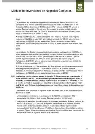 Módulo 15: Inversiones en Negocios Conjuntos

      20X1
      Las entidades A y B deben reconocer individualmente una pérdida de 100.000 u.m.
      procedente de la entidad controlada de forma conjunta en los resultados para el año
      finalizado el 31 de diciembre de 20X1 (es decir, 30% × pérdida de 600.000 u.m. de la
      entidad Z para el periodo = 180.000 u.m. Sin embargo, la entidad limita la pérdida
      reconocida a su inversión de 100.000 u.m. en la entidad controlada de forma conjunta
      según lo establecido en el párrafo 14.8(h)).
      Al 31 de diciembre de 20X1, cada participante debe medir su inversión en el negocio
      conjunto (entidad Z) a un valor de 0 u.m. (cálculo: un costo de 100.000 u.m. menos la
      participación de 100.000 u.m. en las pérdidas). Por consiguiente, ninguno de los
      participantes reconoce su participación de 80.000 u.m. en las pérdidas de la entidad Z en
      20X1.
      20X2
      Las entidades A y B deben reconocer individualmente una participación de 160.000 u.m.
      en las ganancias de la entidad controlada de forma conjunta en los resultados para el año
      finalizado en 20X2 (es decir, 30% × ganancia de 800.000 u.m. de la entidad Z para el
      periodo = participación de 240.000 u.m. en las ganancias del negocio conjunto.
      Participación de 240.000 u.m. en las ganancias del negocio conjunto menos pérdida de
      80.000 u.m. no reconocida en 20X1).
      Al 31 de diciembre de 20X2, las entidades A y B deben medir individualmente su inversión
      en el negocio conjunto (entidad Z) a un valor de 160.000 u.m. (cálculo: costo de
      100.000 u.m. menos participación de 100.000 u.m. en las pérdidas reconocidas en 20X1 +
      participación de 160.000 u.m. en las ganancias reconocidas en 20X2).
Ej 24 Los hechos son los mismos que en el ejemplo 17. Sin embargo, en este ejemplo, el
      31 de diciembre de 20X1, las entidades A y B perdieron el control conjunto sobre la
      entidad Z cuando la entidad A redujo su tenencia de acciones en la entidad Z al 15%
      al vender la mitad de sus acciones en ésta a un tercero independiente por un valor
      de 212.500 u.m. En la venta de las acciones, se incurrió en costos de transacción por
      5.000 u.m.
      La entidad A debe reconocer lo siguiente en los resultados para el año finalizado el 31 de
      diciembre de 20X1:
       un ingreso procedente de su negocio conjunto de 120.000 u.m. (es decir, 30% ×
        ganancia de 400.000 u.m. de la entidad Z para el periodo = 120.000 u.m.).
       una ganancia por la baja de una inversión en entidades controladas de forma conjunta de
        45.000 u.m. (cálculo: [212.500 u.m. de ingresos procedentes de la venta de acciones
        menos costos de transacción de 5.000 u.m. + valor razonable de la participación
        conservada de 212.500 u.m.] menos 375.000 u.m. de importe en libros de la inversión en
        la entidad Z luego de perder influencia significativa). Para contabilizar esta transacción, la
        entidad A reconoce el siguiente asiento en el libro diario:




Fundación IASC: Material de formación sobre la NIIF para las PYMES (versión 2010-2)                      18
 