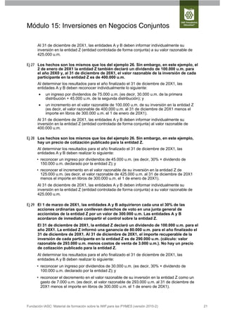 Módulo 15: Inversiones en Negocios Conjuntos

      Al 31 de diciembre de 20X1, las entidades A y B deben informar individualmente su
      inversión en la entidad Z (entidad controlada de forma conjunta) a su valor razonable de
      425.000 u.m.

Ej 27 Los hechos son los mismos que los del ejemplo 26. Sin embargo, en este ejemplo, el
      2 de enero de 20X1 la entidad Z también declaró un dividendo de 100.000 u.m. para
      el año 20X0 y, al 31 de diciembre de 20X1, el valor razonable de la inversión de cada
      participante en la entidad Z es de 400.000 u.m.
      Al determinar los resultados para el año finalizado el 31 de diciembre de 20X1, las
      entidades A y B deben reconocer individualmente lo siguiente:
          un ingreso por dividendos de 75.000 u.m. (es decir, 30.000 u.m. de la primera
           distribución + 45.000 u.m. de la segunda distribución); y
          un incremento en el valor razonable de 100.000 u.m. de su inversión en la entidad Z
           (es decir, el valor razonable de 400.000 u.m. al 31 de diciembre de 20X1 menos el
           importe en libros de 300.000 u.m. el 1 de enero de 20X1).
      Al 31 de diciembre de 20X1, las entidades A y B deben informar individualmente su
      inversión en la entidad Z (entidad controlada de forma conjunta) al valor razonable de
      400.000 u.m.

Ej 28 Los hechos son los mismos que los del ejemplo 26. Sin embargo, en este ejemplo,
      hay un precio de cotización publicado para la entidad Z.
      Al determinar los resultados para el año finalizado el 31 de diciembre de 20X1, las
      entidades A y B deben realizar lo siguiente:
      • reconocer un ingreso por dividendos de 45.000 u.m. (es decir, 30% × dividendo de
        150.000 u.m. declarado por la entidad Z); y
      • reconocer el incremento en el valor razonable de su inversión en la entidad Z de
        125.000 u.m. (es decir, el valor razonable de 425.000 u.m. al 31 de diciembre de 20X1
        menos el importe en libros de 300.000 u.m. el 1 de enero de 20X1).
      Al 31 de diciembre de 20X1, las entidades A y B deben informar individualmente su
      inversión en la entidad Z (entidad controlada de forma conjunta) a su valor razonable de
      425.000 u.m.

Ej 29 El 1 de marzo de 20X1, las entidades A y B adquirieron cada una el 30% de las
      acciones ordinarias que conllevan derechos de voto en una junta general de
      accionistas de la entidad Z por un valor de 300.000 u.m. Las entidades A y B
      acordaron de inmediato compartir el control sobre la entidad Z.
      El 31 de diciembre de 20X1, la entidad Z declaró un dividendo de 100.000 u.m. para el
      año 20X1. La entidad Z informó una ganancia de 80.000 u.m. para el año finalizado el
      31 de diciembre de 20X1. Al 31 de diciembre de 20X1, el importe recuperable de la
      inversión de cada participante en la entidad Z es de 290.000 u.m. (cálculo: valor
      razonable de 293.000 u.m. menos costos de venta de 3.000 u.m.). No hay un precio
      de cotización publicado para la entidad Z.
      Al determinar los resultados para el año finalizado el 31 de diciembre de 20X1, las
      entidades A y B deben realizar lo siguiente:
      • reconocer un ingreso por dividendos de 30.000 u.m. (es decir, 30% × dividendo de
        100.000 u.m. declarado por la entidad Z); y
      • reconocer el decremento en el valor razonable de su inversión en la entidad Z como un
        gasto de 7.000 u.m. (es decir, el valor razonable de 293.000 u.m. al 31 de diciembre de
        20X1 menos el importe en libros de 300.000 u.m. el 1 de enero de 20X1).



Fundación IASC: Material de formación sobre la NIIF para las PYMES (versión 2010-2)               21
 