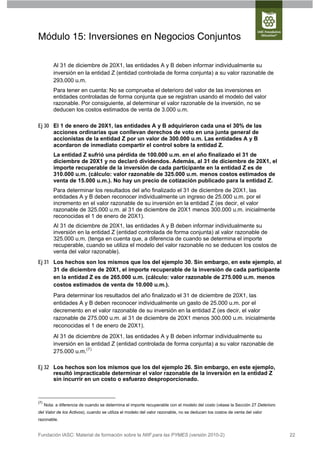 Módulo 15: Inversiones en Negocios Conjuntos

          Al 31 de diciembre de 20X1, las entidades A y B deben informar individualmente su
          inversión en la entidad Z (entidad controlada de forma conjunta) a su valor razonable de
          293.000 u.m.
          Para tener en cuenta: No se comprueba el deterioro del valor de las inversiones en
          entidades controladas de forma conjunta que se registran usando el modelo del valor
          razonable. Por consiguiente, al determinar el valor razonable de la inversión, no se
          deducen los costos estimados de venta de 3.000 u.m.

Ej 30 El 1 de enero de 20X1, las entidades A y B adquirieron cada una el 30% de las
      acciones ordinarias que conllevan derechos de voto en una junta general de
      accionistas de la entidad Z por un valor de 300.000 u.m. Las entidades A y B
      acordaron de inmediato compartir el control sobre la entidad Z.
          La entidad Z sufrió una pérdida de 100.000 u.m. en el año finalizado el 31 de
          diciembre de 20X1 y no declaró dividendos. Además, al 31 de diciembre de 20X1, el
          importe recuperable de la inversión de cada participante en la entidad Z es de
          310.000 u.m. (cálculo: valor razonable de 325.000 u.m. menos costos estimados de
          venta de 15.000 u.m.). No hay un precio de cotización publicado para la entidad Z.
          Para determinar los resultados del año finalizado el 31 de diciembre de 20X1, las
          entidades A y B deben reconocer individualmente un ingreso de 25.000 u.m. por el
          incremento en el valor razonable de su inversión en la entidad Z (es decir, el valor
          razonable de 325.000 u.m. al 31 de diciembre de 20X1 menos 300.000 u.m. inicialmente
          reconocidas el 1 de enero de 20X1).
          Al 31 de diciembre de 20X1, las entidades A y B deben informar individualmente su
          inversión en la entidad Z (entidad controlada de forma conjunta) al valor razonable de
          325.000 u.m. (tenga en cuenta que, a diferencia de cuando se determina el importe
          recuperable, cuando se utiliza el modelo del valor razonable no se deducen los costos de
          venta del valor razonable).
Ej 31 Los hechos son los mismos que los del ejemplo 30. Sin embargo, en este ejemplo, al
      31 de diciembre de 20X1, el importe recuperable de la inversión de cada participante
      en la entidad Z es de 265.000 u.m. (cálculo: valor razonable de 275.000 u.m. menos
      costos estimados de venta de 10.000 u.m.).
          Para determinar los resultados del año finalizado el 31 de diciembre de 20X1, las
          entidades A y B deben reconocer individualmente un gasto de 25.000 u.m. por el
          decremento en el valor razonable de su inversión en la entidad Z (es decir, el valor
          razonable de 275.000 u.m. al 31 de diciembre de 20X1 menos 300.000 u.m. inicialmente
          reconocidas el 1 de enero de 20X1).
          Al 31 de diciembre de 20X1, las entidades A y B deben informar individualmente su
          inversión en la entidad Z (entidad controlada de forma conjunta) a su valor razonable de
          275.000 u.m.(7)

Ej 32 Los hechos son los mismos que los del ejemplo 26. Sin embargo, en este ejemplo,
      resultó impracticable determinar el valor razonable de la inversión en la entidad Z
      sin incurrir en un costo o esfuerzo desproporcionado.



(7)
      Nota: a diferencia de cuando se determina el importe recuperable con el modelo del costo (véase la Sección 27 Deterioro
del Valor de los Activos), cuando se utiliza el modelo del valor razonable, no se deducen los costos de venta del valor
razonable.


Fundación IASC: Material de formación sobre la NIIF para las PYMES (versión 2010-2)                                             22
 