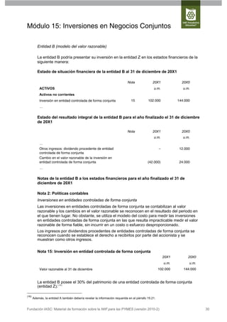 Módulo 15: Inversiones en Negocios Conjuntos

          Entidad B (modelo del valor razonable)

          La entidad B podría presentar su inversión en la entidad Z en los estados financieros de la
          siguiente manera:

          Estado de situación financiera de la entidad B al 31 de diciembre de 20X1

                                                                            Nota              20X1               20X0
            ACTIVOS                                                                            u.m.               u.m.
            Activos no corrientes
            Inversión en entidad controlada de forma conjunta                  15          102.000             144.000
            …


          Estado del resultado integral de la entidad B para el año finalizado el 31 de diciembre
          de 20X1

                                                                            Nota              20X1               20X0
                                                                                               u.m.               u.m.
            …
            Otros ingresos: dividendo procedente de entidad                                         –           12.000
            controlada de forma conjunta
            Cambio en el valor razonable de la inversión en
            entidad controlada de forma conjunta                                           (42.000)             24.000
            …


          Notas de la entidad B a los estados financieros para el año finalizado el 31 de
          diciembre de 20X1

          Nota 2: Políticas contables
          Inversiones en entidades controladas de forma conjunta
          Las inversiones en entidades controladas de forma conjunta se contabilizan al valor
          razonable y los cambios en el valor razonable se reconocen en el resultado del periodo en
          el que tienen lugar. No obstante, se utiliza el modelo del costo para medir las inversiones
          en entidades controladas de forma conjunta en las que resulta impracticable medir el valor
          razonable de forma fiable, sin incurrir en un costo o esfuerzo desproporcionado.
          Los ingresos por dividendos procedentes de entidades controladas de forma conjunta se
          reconocen cuando se establece el derecho a recibirlos por parte del accionista y se
          muestran como otros ingresos.

          Nota 15: Inversión en entidad controlada de forma conjunta
                                                                                                        20X1         20X0
                                                                                                        u.m.         u.m.
            Valor razonable al 31 de diciembre                                                      102.000       144.000


          La entidad B posee el 30% del patrimonio de una entidad controlada de forma conjunta
          (entidad Z).(16)

(16)
       Además, la entidad A también debería revelar la información requerida en el párrafo 15.21.


Fundación IASC: Material de formación sobre la NIIF para las PYMES (versión 2010-2)                                         30
 