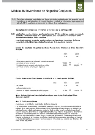 Módulo 15: Inversiones en Negocios Conjuntos

15.20 Para las entidades controladas de forma conjunta contabilizadas de acuerdo con el
      método de la participación, el inversor también revelará la información que requiere el
      párrafo 14.14 para las inversiones por el método de la participación.



      Ejemplos: información a revelar en el método de la participación

Ej 38 Los hechos son los mismos que los del ejemplo 37. Sin embargo, en este ejemplo, la
      entidad A utiliza el método de la participación para contabilizar su inversión en la
      entidad controlada de forma conjunta.
      La entidad A podría presentar sus inversiones en la entidad controlada de forma
      conjunta (entidad Z) en los estados financieros de la siguiente manera:


      Estado del resultado integral de la entidad A para el año finalizado el 31 de diciembre
      de 20X1

                                                                              20X1            20X0
                                                                               u.m.            u.m.
       …
       Otros gastos: deterioro del valor de la inversión en entidad
       controlada de forma conjunta                                        (17.000)   (a)         –
       Participación en la ganancia (pérdida) de la entidad                (18.000)   (b)    24.000   (c)
       controlada de forma conjunta para el periodo
       …




      Estado de situación financiera de la entidad A al 31 de diciembre de 20X1

                                                                  Nota        20X1            20X0
       ACTIVOS                                                                 u.m.            u.m.
       Activos no corrientes
       Inversión en entidad controlada de forma conjunta              15     97.000   (d)   132.000   (e)

       …
      Notas de la entidad A a los estados financieros para el año finalizado el 31 de
      diciembre de 20X1

      Nota 2: Políticas contables
      Inversiones en entidades controladas de forma conjunta
      Las inversiones en entidades controladas de forma conjunta se contabilizan utilizando el
      método de la participación. El importe en libros de la inversión en el negocio conjunto se
      calcula al costo más la participación posterior de la entidad en el resultado integral del
      negocio conjunto. Si al final de un periodo contable, hay indicios de que se ha deteriorado
      el valor de una inversión en una entidad controlada de forma conjunta, se evalúa el
      deterioro del valor del importe en libros completo de la inversión. Si se determina que el
      importe en libros de la inversión es inferior a su importe recuperable, se reduce el importe
      en libros al importe recuperable y se reconoce de inmediato una pérdida por deterioro del
      valor en los resultados.




Fundación IASC: Material de formación sobre la NIIF para las PYMES (versión 2010-2)                         31
 