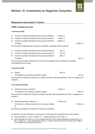 Módulo 15: Inversiones en Negocios Conjuntos


Respuesta al caso práctico 3: Parte A

PYME A (modelo del costo)

1 de enero de 20X1


Dr    Inversión en entidad controlada de forma conjunta (entidad X)      10.000 u.m.
Dr    Inversión en entidad controlada de forma conjunta (entidad Y)      15.000 u.m.
Dr    Inversión en entidad controlada de forma conjunta (entidad Z)      28.000 u.m.
      Cr Efectivo                                                                                       53.000 u.m.
Para reconocer la adquisición de inversiones en entidades controladas de forma conjunta.


Dr    Inversión en entidad controlada de forma conjunta (entidad X)         100 u.m.
Dr    Inversión en entidad controlada de forma conjunta (entidad Y)         150 u.m.
Dr    Inversión en entidad controlada de forma conjunta (entidad Z)         280 u.m.
      Cr Efectivo                                                                                         530 u.m.
Para reconocer los costos de transacción incurridos en la adquisición de las inversiones en entidades
controladas de forma conjunta.


2 de enero de 20X1


Dr    Efectivo                                                              250 u.m.
      Cr Resultados (otros ingresos, dividendo recibido)                                                  250 u.m.
Para reconocer los dividendos recibidos de la entidad X (es decir, 25% del dividendo de 1.000 u.m. pagado por la
entidad X).


31 de diciembre de 20X1


Dr    Dividendo por cobrar (entidad Y)                                    2.000 u.m.
      Cr Resultados (otros ingresos, dividendo recibido)                                                 2.000 u.m.
Para reconocer el dividendo por cobrar de la entidad Y (es decir, 25% del dividendo de 8.000 u.m. pagado por la
entidad Y).


Dr    Resultados (pérdida por deterioro)                                 14.030 u.m.(a)
      Cr Inversión en entidad controlada de forma conjunta (entidad                                     14.030 u.m.
      Z)
Para reconocer el deterioro del valor de la inversión en la entidad Z.


Los cálculos y las notas explicativas a continuación no forman parte de la respuesta de este caso práctico:
(a)   Costo de 28.280 u.m. menos 14.250(b) u.m. = pérdida por deterioro de 14.030 u.m.
(b)   Valor razonable de 15.000 u.m. al 31 de diciembre de 20X1 menos costos estimados de venta de 750 u.m.
      (5% × 15.000 u.m.) = valor razonable de 14.250 u.m. menos costos de venta de la inversión de la PYME A
      en la entidad Z al 31 de diciembre de 20X1.



Fundación IASC: Material de formación sobre la NIIF para las PYMES (versión 2010-2)                                   47
 