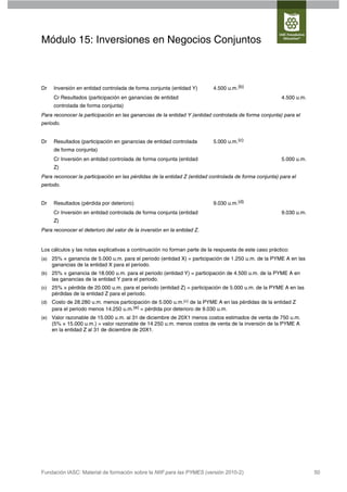 Módulo 15: Inversiones en Negocios Conjuntos



Dr    Inversión en entidad controlada de forma conjunta (entidad Y)       4.500 u.m.(b)
      Cr Resultados (participación en ganancias de entidad                                             4.500 u.m.
      controlada de forma conjunta)
Para reconocer la participación en las ganancias de la entidad Y (entidad controlada de forma conjunta) para el
periodo.


Dr    Resultados (participación en ganancias de entidad controlada        5.000 u.m.(c)
      de forma conjunta)
      Cr Inversión en entidad controlada de forma conjunta (entidad                                    5.000 u.m.
      Z)
Para reconocer la participación en las pérdidas de la entidad Z (entidad controlada de forma conjunta) para el
periodo.


Dr    Resultados (pérdida por deterioro)                                  9.030 u.m.(d)
      Cr Inversión en entidad controlada de forma conjunta (entidad                                    9.030 u.m.
      Z)
Para reconocer el deterioro del valor de la inversión en la entidad Z.


Los cálculos y las notas explicativas a continuación no forman parte de la respuesta de este caso práctico:
(a)   25% × ganancia de 5.000 u.m. para el periodo (entidad X) = participación de 1.250 u.m. de la PYME A en las
      ganancias de la entidad X para el periodo.
(b)   25% × ganancia de 18.000 u.m. para el periodo (entidad Y) = participación de 4.500 u.m. de la PYME A en
      las ganancias de la entidad Y para el periodo.
(c)   25% × pérdida de 20.000 u.m. para el periodo (entidad Z) = participación de 5.000 u.m. de la PYME A en las
      pérdidas de la entidad Z para el periodo.
(d)   Costo de 28.280 u.m. menos participación de 5.000 u.m.(c) de la PYME A en las pérdidas de la entidad Z
      para el periodo menos 14.250 u.m.(e) = pérdida por deterioro de 9.030 u.m.
(e)   Valor razonable de 15.000 u.m. al 31 de diciembre de 20X1 menos costos estimados de venta de 750 u.m.
      (5% × 15.000 u.m.) = valor razonable de 14.250 u.m. menos costos de venta de la inversión de la PYME A
      en la entidad Z al 31 de diciembre de 20X1.




Fundación IASC: Material de formación sobre la NIIF para las PYMES (versión 2010-2)                                 50
 