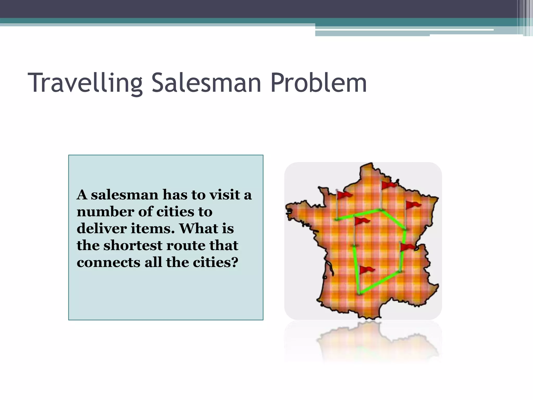 Travelling Salesman Problem
A salesman has to visit a
number of cities to
deliver items. What is
the shortest route that
connects all the cities?
 