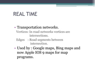 REAL TIME
• Transportation networks.
Vertices: In road networks vertices are
intersections.
Edges : Road segments between
intersection.
• Used by : Google maps, Bing maps and
now Apple IOS 9 maps for map
programs.
 