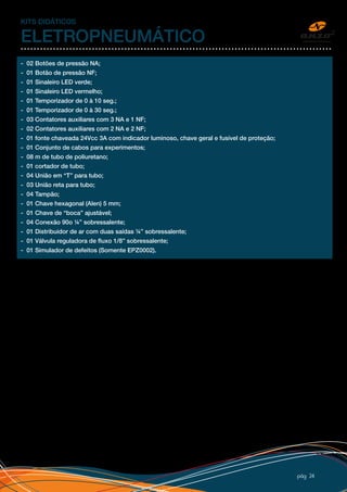 pág 24
- 02 Botões de pressão NA;
- 01 Botão de pressão NF;
- 01 Sinaleiro LED verde;
- 01 Sinaleiro LED vermelho;
- 01 Temporizador de 0 à 10 seg.;
- 01 Temporizador de 0 à 30 seg.;
- 03 Contatores auxiliares com 3 NA e 1 NF;
- 02 Contatores auxiliares com 2 NA e 2 NF;
- 01 fonte chaveada 24Vcc 3A com indicador luminoso, chave geral e fusível de proteção;
- 01 Conjunto de cabos para experimentos;
- 08 m de tubo de poliuretano;
- 01 cortador de tubo;
- 04 União em “T” para tubo;
- 03 União reta para tubo;
- 04 Tampão;
- 01 Chave hexagonal (Alen) 5 mm;
- 01 Chave de “boca” ajustável;
- 04 Conexão 90o ¼” sobressalente;
- 01 Distribuidor de ar com duas saídas ¼” sobressalente;
- 01 Válvula reguladora de fluxo 1/8” sobressalente;
- 01 Simulador de defeitos (Somente EPZ0002).
KITS DIDÁTICOS
ELETROPNEUMÁTICO
 