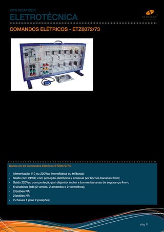 pág 8
KITS DIDÁTICOS
ELETROTÉCNICA
COMANDOS ELÉTRICOS - ETZ0072/73
Com o Kit Comandos Elétricos ETZ-0072
e 73 podemos montar vários circuitos
de comandos, do mais simples ao mais
complexo, como: Partida de motores estrela/
triângulo, direta e com reversão; semáforo
carro X carro, carro X pedestre; sequencial
e muitos outros...
Toda a conexão de comando é feita em
tensão 24Vdc e com bornes e cabos de
pinos banana de 2mm, o circuito principal
é em 220Vac com pinos e bornes bananas
de segurança (isolados) de 4mm, sem
risco para o aluno. Possui também fonte
chaveada de 24V com proteção na entrada
e saída para o circuito de comando e disjuntor motor para o principal de 220V e simulador de defeitos.
NapartefrontaldoKitComandosElétricosETZ-0072e73,podemosobservarorganizadoresdefiotransparentes
(canaletas abertas), levando o aluno mais próximo da realidade em montagens de painéis. CHEGA DAQUELE
EMARANHADO DE FIOS NAS AULAS DE LABORATÓRIO. Não requer nenhum tipo de ferramenta, toda conexão
é feita por cabos prontos em bornes banana, tornando os experimentos rápidos.
Toda a simbologia dos componentes estão impressos no painel transparente, possibilitando a visualização de
todos os componentes e ligações internas.
Na parte traseira, temos um porta documento/cabos e todo conjunto pode ser transportado de uma só vez
pela alça superior, como se fosse uma maleta.
No modelo ETZ0073, temos um SIMULADOR DE DEFEITOS em um compartimento trancado por chave,
possibilitando a simulação de 21 defeitos predeterminados pelo professor.
Dados do kit Comandos Elétricos ETZ0072/73:
- Alimentação 110 ou 220Vac (monofásica ou trifásica);
- Saída com 24Vdc com proteção eletrônica e à fusível por bornes bananas 2mm;
- Saída 220Vac com proteção por disjuntor motor e bornes bananas de segurança 4mm;
- 6 sinaleiros leds (2 verdes, 2 amarelos e 2 vermelhos);
- 2 botões NA;
- 2 botões NF;
- 2 chaves 1 polo 2 posições;
 