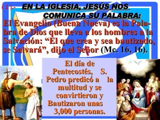 ( 2 ).-  EN LA IGLESIA, JESÚS NOS      COMUNICA SU PALABRA: El Evangelio (Buena Nueva) es la Pala- bra de Dios que lleva a los hombres a la Salvación: “El que crea y sea bautizado, se Salvará”, dijo el Señor  (Mc. 16, 16).  El día de Pentecostés,  S. Pedro predicó a  la multitud y se convirtieron y Bautizaron unas  3,000 personas. 