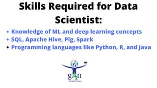 Skills Required for Data
Scientist:
Knowledge of ML and deep learning concepts
SQL, Apache Hive, Pig, Spark
Programming la...