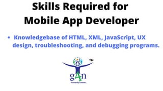 Skills Required for
Mobile App Developer
Knowledgebase of HTML, XML, JavaScript, UX
design, troubleshooting, and debugging...