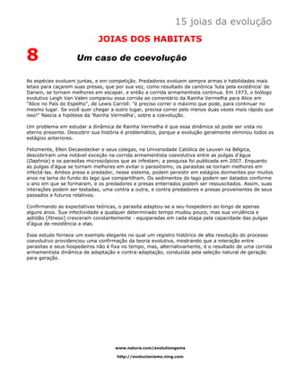 15 joias da evolução
                             JOIAS DOS HABITATS

8                   Um caso de coevolução

As espécies evoluem juntas, e em competição. Predadores evoluem sempre armas e habilidades mais
letais para caçarem suas presas, que por sua vez, como resultado da canônica 'luta pela existência' de
Darwin, se tornam melhores em escapar, e então a corrida armamentista continua. Em 1973, o biólogo
evolutivo Leigh Van Valen comparou essa corrida ao comentário da Rainha Vermelha para Alice em
"Alice no País do Espelho", de Lewis Carroll: "é preciso correr o máximo que pode, para continuar no
mesmo lugar. Se você quer chegar a outro lugar, precisa correr pelo menos duas vezes mais rápido que
isso!" Nascia a hipótese da 'Rainha Vermelha', sobre a coevolução.

Um problema em estudar a dinâmica de Rainha Vermelha é que essa dinâmica só pode ser vista no
eterno presente. Descobrir sua história é problemático, porque a evolução geralmente eliminou todos os
estágios anteriores.

Felizmente, Ellen Decaestecker e seus colegas, na Universidade Católica de Leuven na Bélgica,
descobriram uma notável exceção na corrida armamentista coevolutiva entre as pulgas d'água
(Daphnia) e os parasitas microscópicos que as infestam; a pesquisa foi publicada em 2007. Enquanto
as pulgas d'água se tornam melhores em evitar o parasitismo, os parasitas se tornam melhores em
infectá-las. Ambos presa e predador, nesse sistema, podem persistir em estágios dormentes por muitos
anos na lama do fundo do lago que compartilham. Os sedimentos do lago podem ser datados conforme
o ano em que se formaram, e os predadores e presas enterrados podem ser ressuscitados. Assim, suas
interações podem ser testadas, uma contra a outra, e contra predadores e presas provenientes de seus
passados e futuros relativos.

Confirmando as expectativas teóricas, o parasita adaptou-se a seu hospedeiro ao longo de apenas
alguns anos. Sua infectividade a qualquer determinado tempo mudou pouco, mas sua virulência e
aptidão [fitness] cresceram constantemente - equiparadas em cada etapa pela capacidade das pulgas
d'água de resistência a elas.

Esse estudo fornece um exemplo elegante no qual um registro histórico de alta resolução do processo
coevolutivo providenciou uma confirmação da teoria evolutiva, mostrando que a interação entre
parasitas e seus hospedeiros não é fixa no tempo, mas, alternativamente, é o resultado de uma corrida
armamentista dinâmica de adaptação e contra-adaptação, conduzida pela seleção natural de geração
para geração.




                                    www.nature.com/evolutiongems

                                     http://evolucionismo.ning.com
 