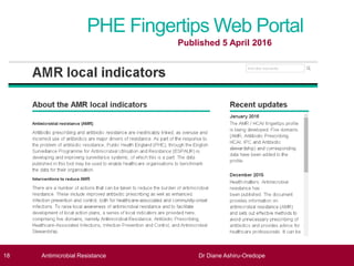 PHE Fingertips Web Portal
18 Antimicrobial Resistance Dr Diane Ashiru-Oredope
Published 5 April 2016
 