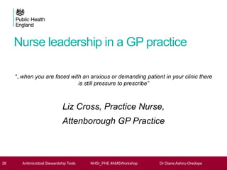 Nurse leadership in a GP practice
“..when you are faced with an anxious or demanding patient in your clinic there
is still pressure to prescribe”
Liz Cross, Practice Nurse,
Attenborough GP Practice
26 Antimicrobial Stewardship Tools NHSI_PHE #AMSWorkshop Dr Diane Ashiru-Oredope
 