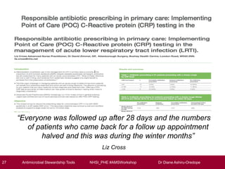 27 Antimicrobial Stewardship Tools NHSI_PHE #AMSWorkshop Dr Diane Ashiru-Oredope
“Everyone was followed up after 28 days and the numbers
of patients who came back for a follow up appointment
halved and this was during the winter months”
Liz Cross
 