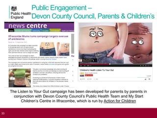 Public Engagement –
Devon County Council, Parents & Children’s
centre
Educating the public: the value of awareness campaigns Dr Diane Ashiru-Oredope
The Listen to Your Gut campaign has been developed for parents by parents in
conjunction with Devon County Council’s Public Health Team and My Start
Children’s Centre in Ilfracombe, which is run by Action for Children
33 Antimicrobial Stewardship Dr Diane Ashiru-Oredope33
 