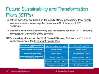 Future: Sustainability and Transformation
Plans (STPs)
To deliver plans that are based on the needs of local populations, local health
and care systems came together in January 2016 to form 44 STP
‘footprints’.
To produce a multi-year Sustainability and Transformation Plan (STP) showing
how together they will improve services
STPs are a key element on the NHS Shared Planning Guidance and the local
implementation of the Five Year Forward View
37 Antimicrobial Resistance Dr Diane Ashiru-Oredope
 