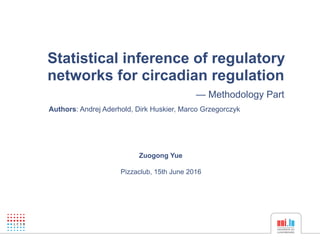 Statistical inference of regulatory
networks for circadian regulation
— Methodology Part
Zuogong Yue
Pizzaclub, 15th June 2016
Authors: Andrej Aderhold, Dirk Huskier, Marco Grzegorczyk
 