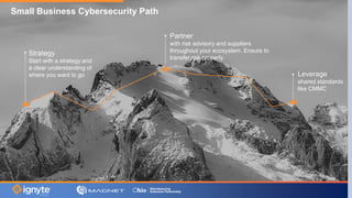 Small Business Cybersecurity Path
Strategy
Start with a strategy and
a clear understanding of
where you want to go
Partner
with risk advisory and suppliers
throughout your ecosystem. Ensure to
transfer risk properly.
Leverage
shared standards
like CMMC
 