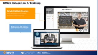CMMC Education & Training
Ignyte Institute Courses
Senior Management Course (20 Mins)
Practitioner Level Course (1 hour)
DoD Issued CUI Training
What is CUI and How to recognize it?
 