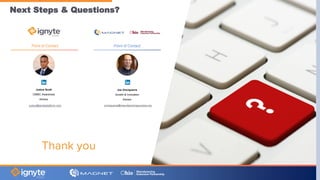 Next Steps & Questions?
Thank you
Point of Contact
Joe Vinciquerra
Growth & Innovation
Advisor
Justus Scott
CMMC Awareness
Advisor
Point of Contact
justus@ignyteplatform.com jvinciquerra@manufacturingsuccess.org
 