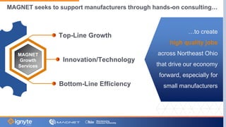 Top-Line Growth
Innovation/Technology
Bottom-Line Efficiency
MAGNET
Growth
Services
…to create
high quality jobs
across Northeast Ohio
that drive our economy
forward, especially for
small manufacturers
MAGNET seeks to support manufacturers through hands-on consulting…
 