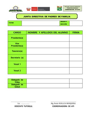 INSTITUCION EDUCATIVA EMBLEMÁTICA
“FRANCISCOIRAZOLA”
COORDINACIÓN ATI 2016
TUTOR
GRADO Y
SECCIÓN
CARGO NOMBRE Y APELLIDOS DEL ALUMNO FIRMA
Presidente(a)
Vice
Presidente(a)
Tesorero(a)
Secretario (a)
Vocal 1
Vocal 2
Delegado de
Vóley
Delegado de
futbol
………………………………………………
Lic. ………………
DOCENTE TUTOR(A)
……………………………………………….
Mg. Rode HUILLCA MOSQUERA
COORDINADORA DE ATI
JUNTA DIRECTIVA DE PADRES DE FAMILIA
 