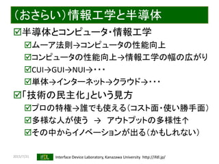 2015/7/21 Interface Device Laboratory, Kanazawa University http://ifdl.jp/
（おさらい）情報工学と半導体
半導体とコンピュータ・情報工学
ムーア法則→コンピュータの性能向上
コンピュータの性能向上→情報工学の幅の広がり
CUI→GUI→NUI→・・・
単体→インターネット→クラウド→・・・
「技術の民主化」という見方
プロの特権→誰でも使える（コスト面・使い勝手面）
多様な人が使う → アウトプットの多様性↑
その中からイノベーションが出る（かもしれない）
 