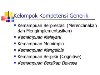Kelompok Kompetensi Generik Kemampuan Berprestasi (Merencanakan dan Mengimplementasikan) Kemampuan Melayani Kemampuan Memimpin Kemampuan Mengelola Kemampuan Berpikir (Cognitive) Kemampuan Bersikap Dewasa 