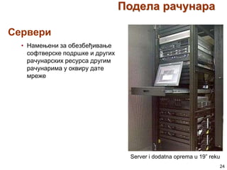 Подела рачунара
Сервери
• Намењени за обезбеђивање
софтверске подршке и других
рачунарских ресурса другим
рачунарима у оквиру дате
мреже

Server i dodatna oprema u 19” reku
24

 