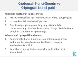 Kriptografi Kunci-Simetri vs Kriptografi Kunci-publik 
Kelebihan kriptografi kunci-simetri: 
1.Proses enkripsi/dekripsi membutuhkan waktu yang singkat. 
2.Ukuran kunci simetri relatif pendek 
3.Otentikasi pengirim pesan langsung diketahui dari cipherteks yang diterima, karena kunci hanya diketahui oleh pengirim dan penerima pesan saja. 
Kelemahan kriptografi kunci-simetri: 
1.Kunci simetri harus dikirim melalui saluran yang aman. Kedua entitas yang berkomunikasi harus menjaga kerahasiaan kunci ini. 
2.Kunci harus sering diubah, mungkin pada setiap sesi komunikasi.  