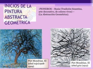 Piet Mondrian. El
árbol rojo(1908-
1909)
Piet Mondrian. El
árbol gris (1912)
-PIONEROS: - Rusia (Tradición bizantina,
arte decorativo, de colores vivos) –
(La Abstracción Geométrica).
 