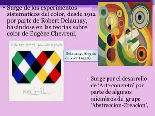 • Surge por el desarrollo
de ‘Arte concreto’ por
parte de algunos
miembros del grupo
‘Abstraccion-Creacion’,
• Surge de los experimentos
sistematicos del color, desde 1912
por parte de Robert Delaunay,
basándose en las teorías sobre
color de Eugéne Chevreul,
Delaunay. Alegría
de vivir (1930)
 